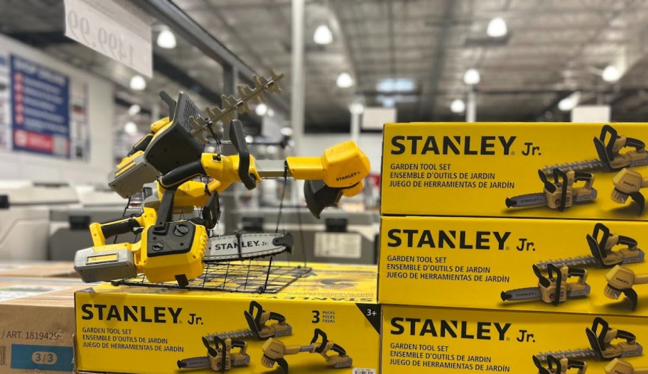 stanley jr garden tool set on display in a store