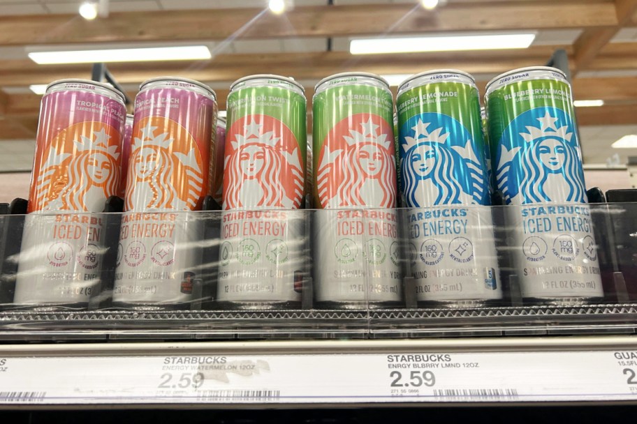 cans of energy drinks on store shelf