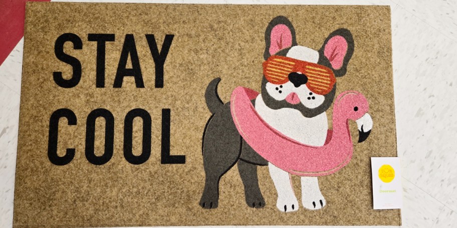 doormat that says stay cool and has a dog wearing a flamingo floaty