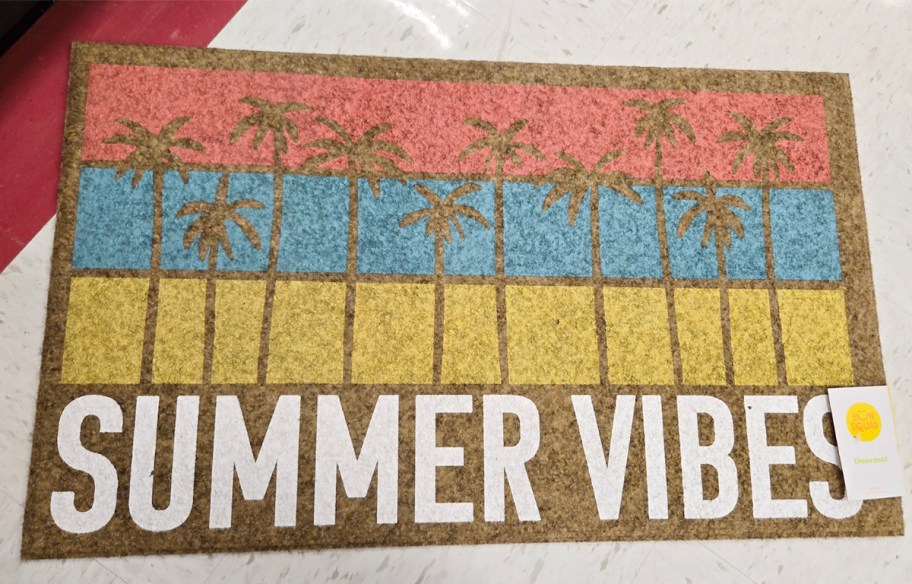 coir doormat that says summer vibes with palm trees