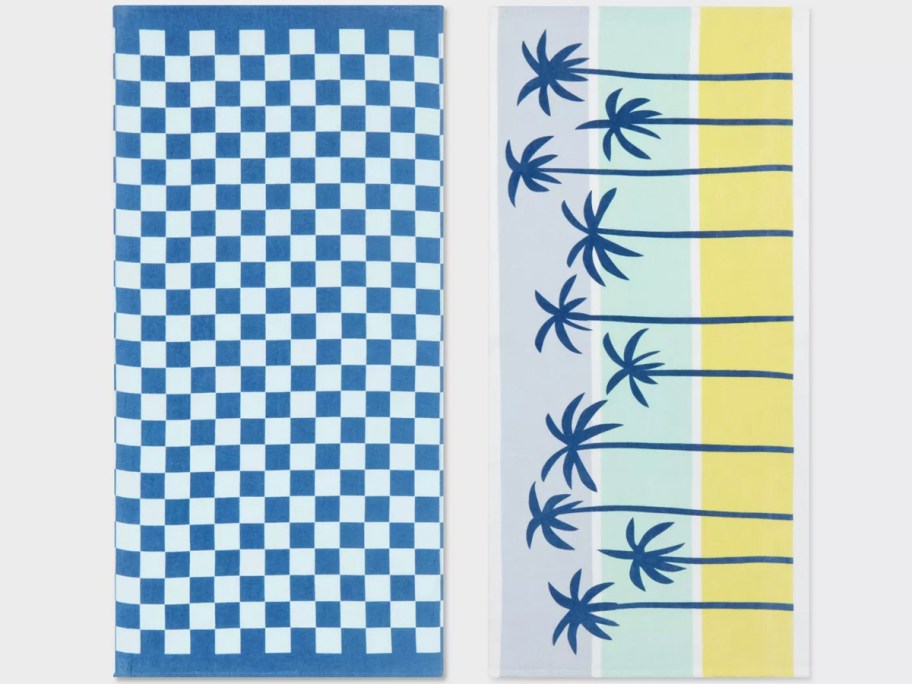 blue checker and beach palm tree beach towels 