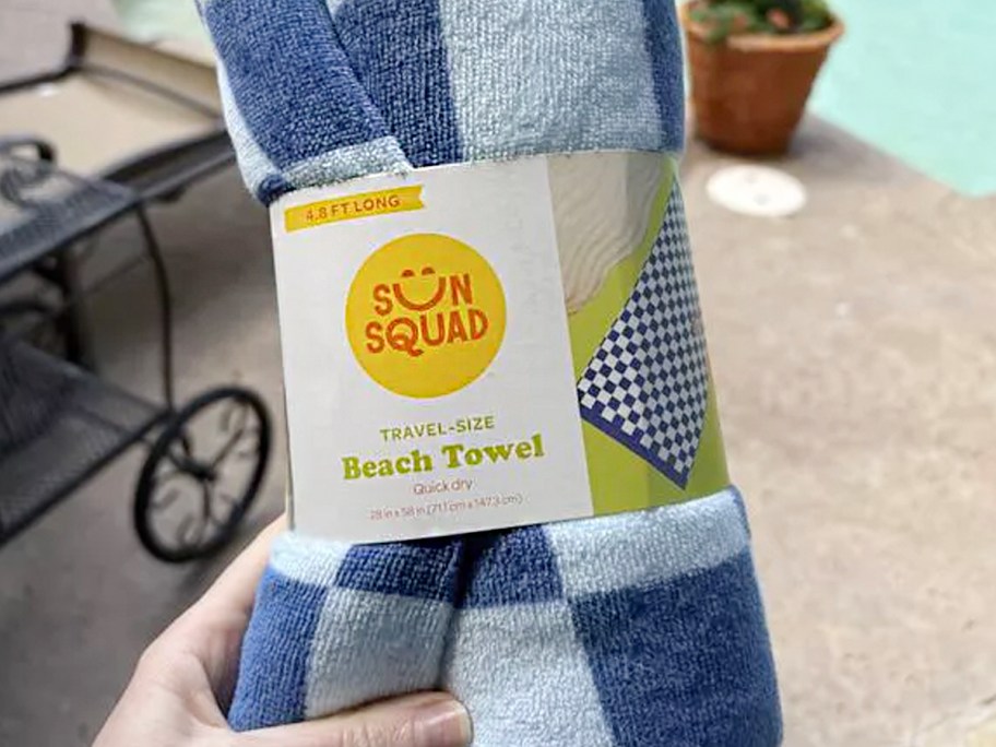 hand holding blue checkered towel 