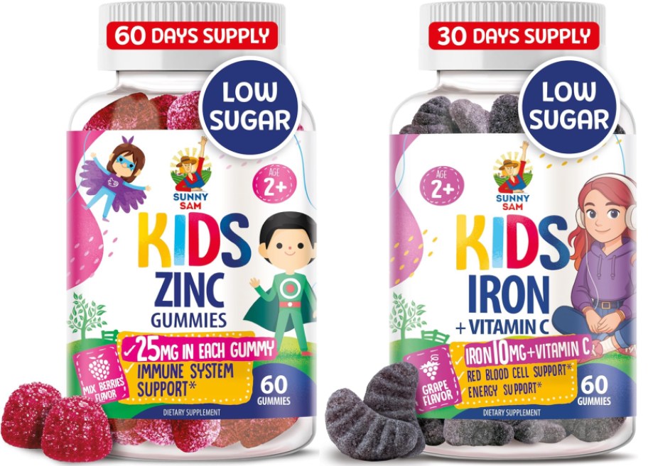 two colorful bottles of kids gummies - iron and zinc