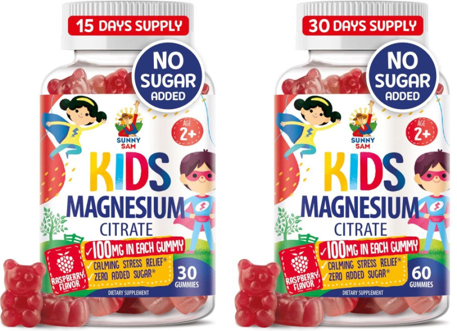 two bottles of magnesium citrate with colorful and bright labels