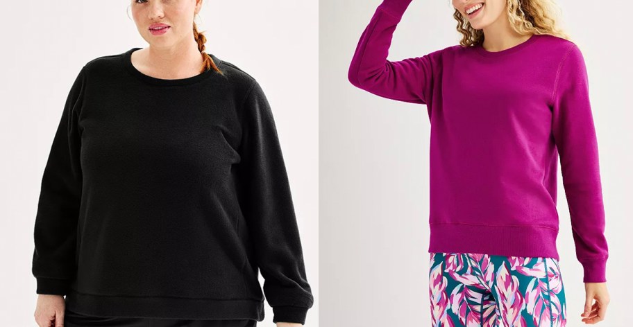 two women wearing black and purple sweatshirts