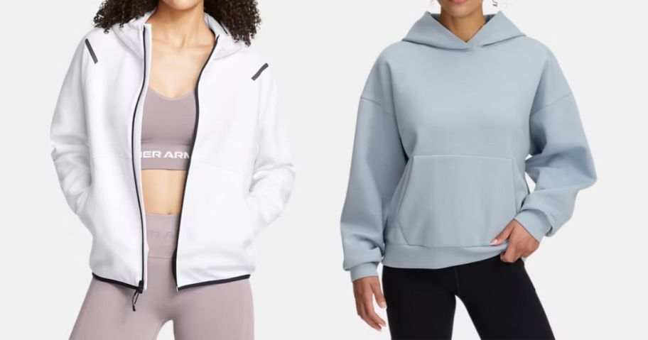 two women wearing a white and a light blue under armour hoodie