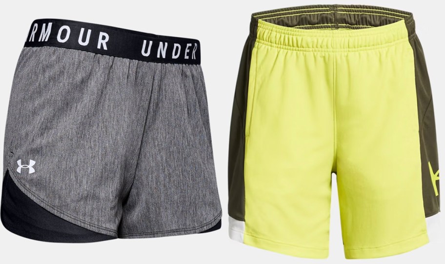 gray and yellow under armour shorts 