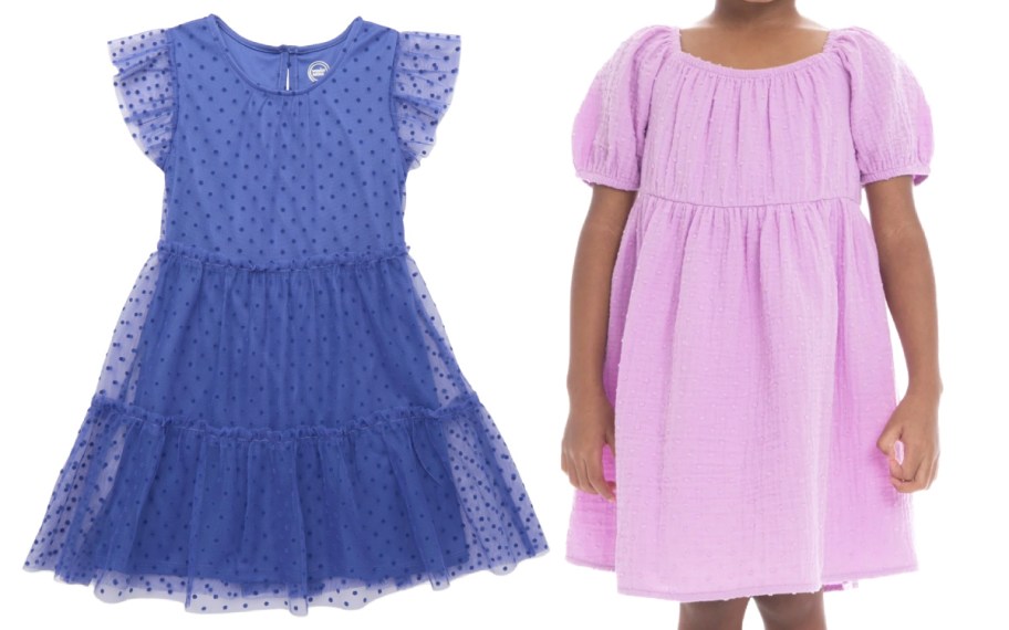 blue tulle dot dress and purple puff sleeve dress