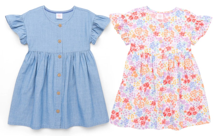 denim chambray and pink floral girls dresses