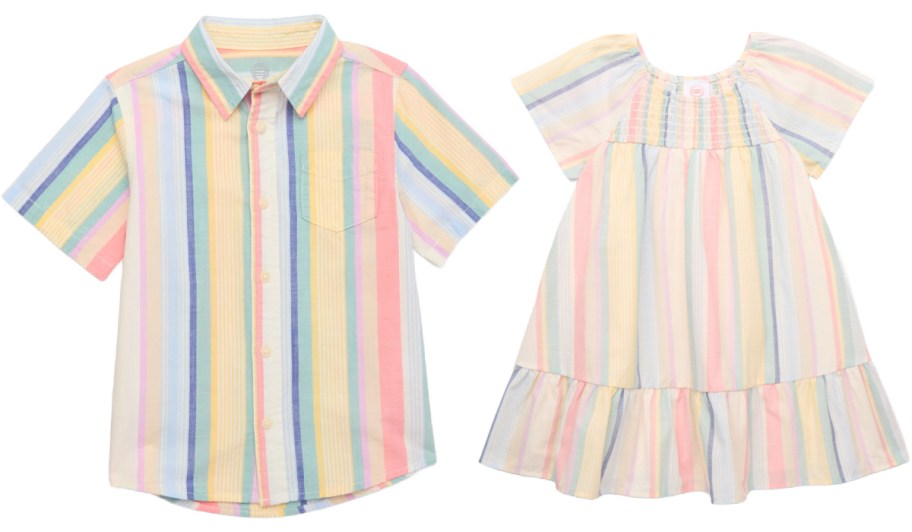 boys stripe button down shirt and girls strip dress