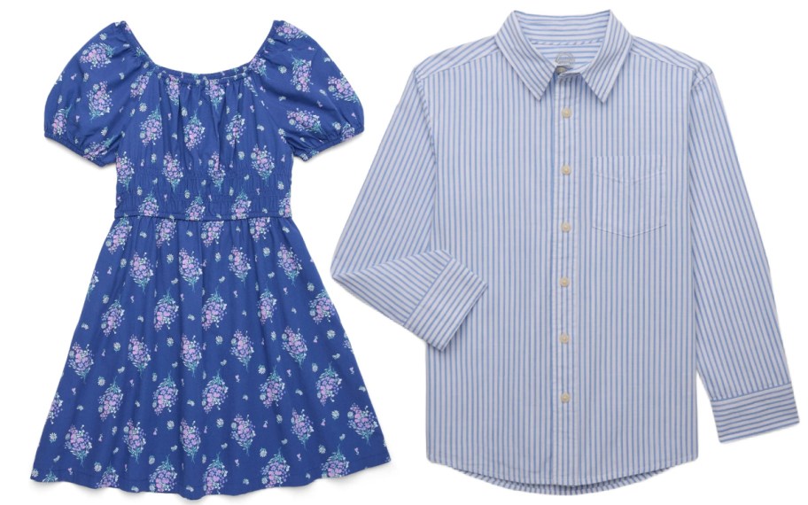 girls blue floral and boys blue stripe button down shirt