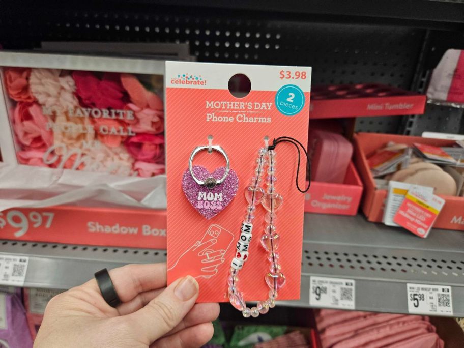 Way To Celebrate Mom Boss Phone Holder Ring & Phone Charm in hand in store