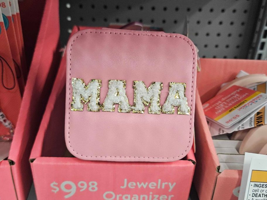 pink and white Way To Celebrate Mama Jewelry Organizer on shelf in store