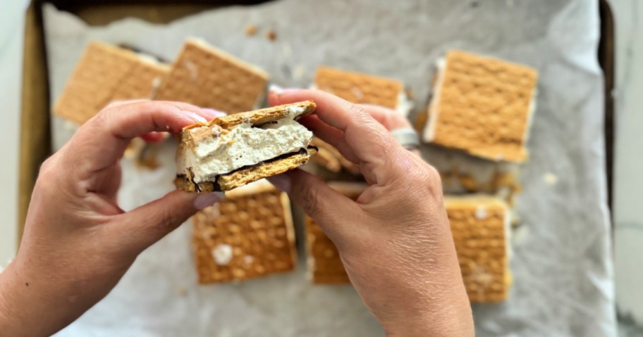 woman holding a frozen s'more 