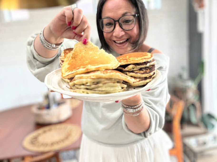 woman making sourdough pancakes