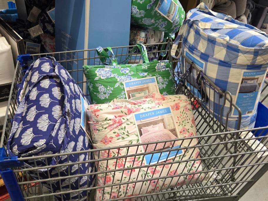 4 piece bedding quilt and sham sets in a Sam's Club shopping cart