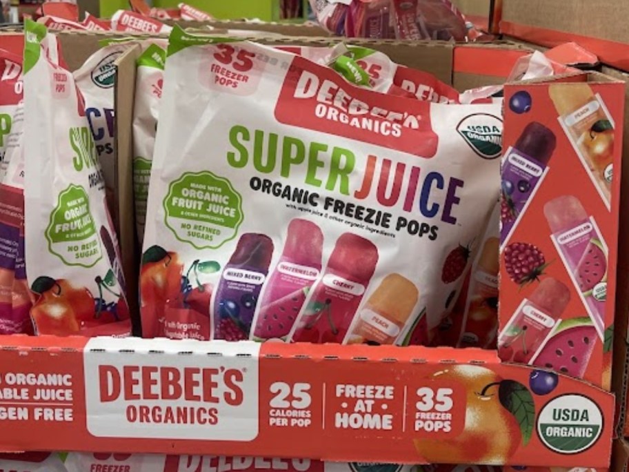 bags of SuperJuice Organic Freezie Pops on a store shelf