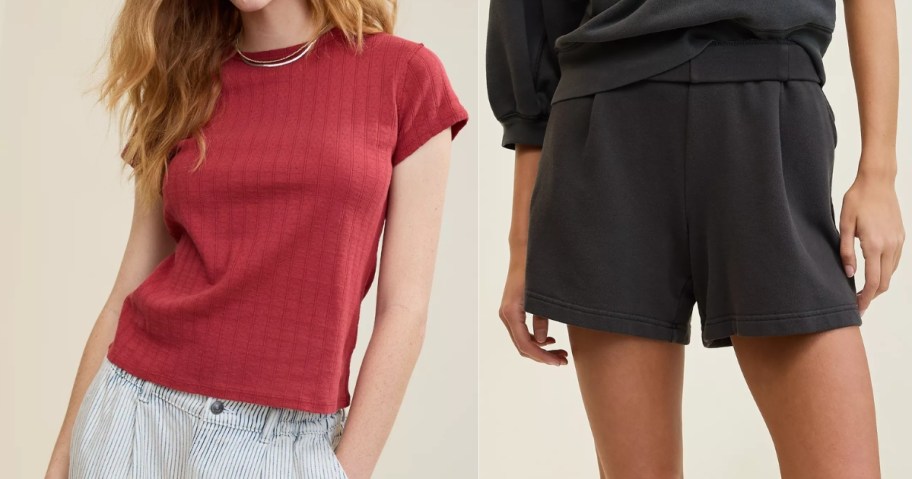 woman wearing a red tee and jean shorts and woman wearing black shorts and a black tee
