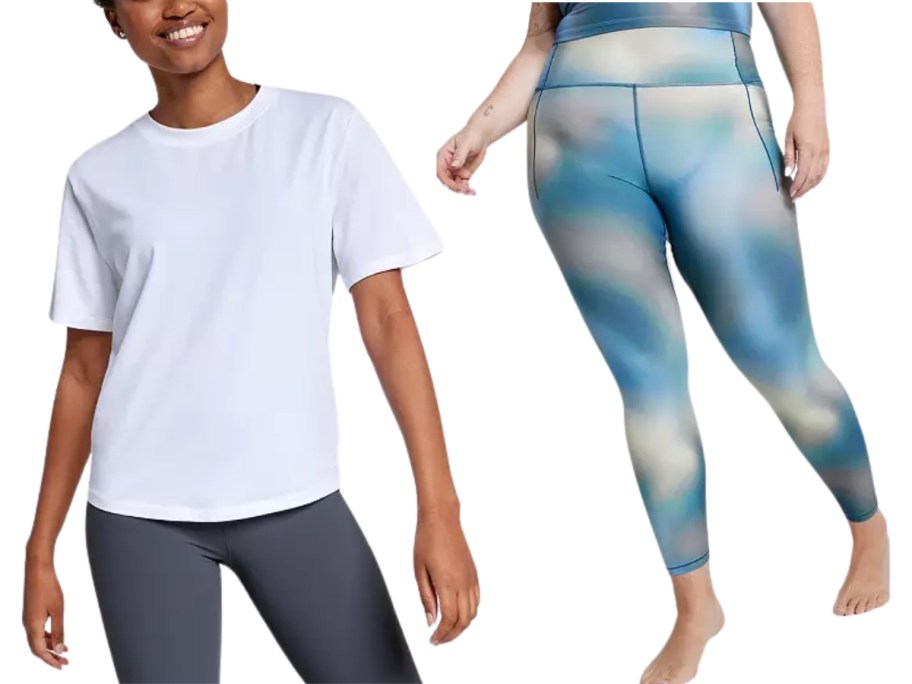 woman wearing a white tee and black leggings and lower half of a woman in blue and white leggings