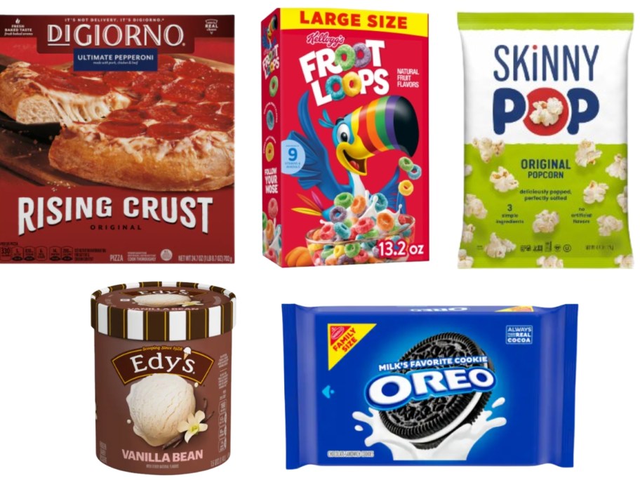 image with DiGiorno Pizza box, Fruit Loops box, Skinny Pop bag, Edy's Ice Cream, and pack of OREO's