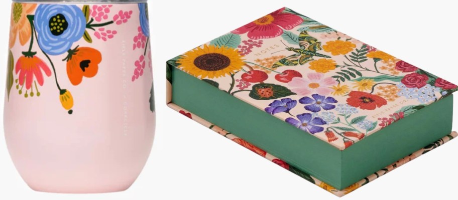 a pink floral stemless wine tumbler and a floral desk notepad