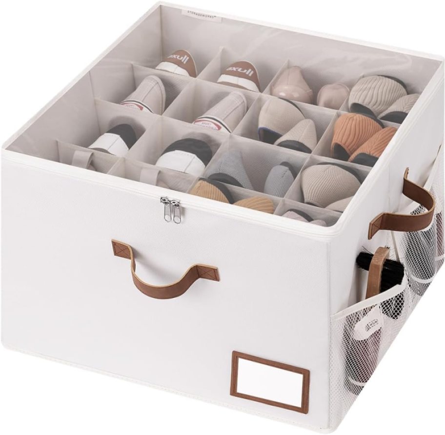 beige square shoe organizer with mesh side pocket