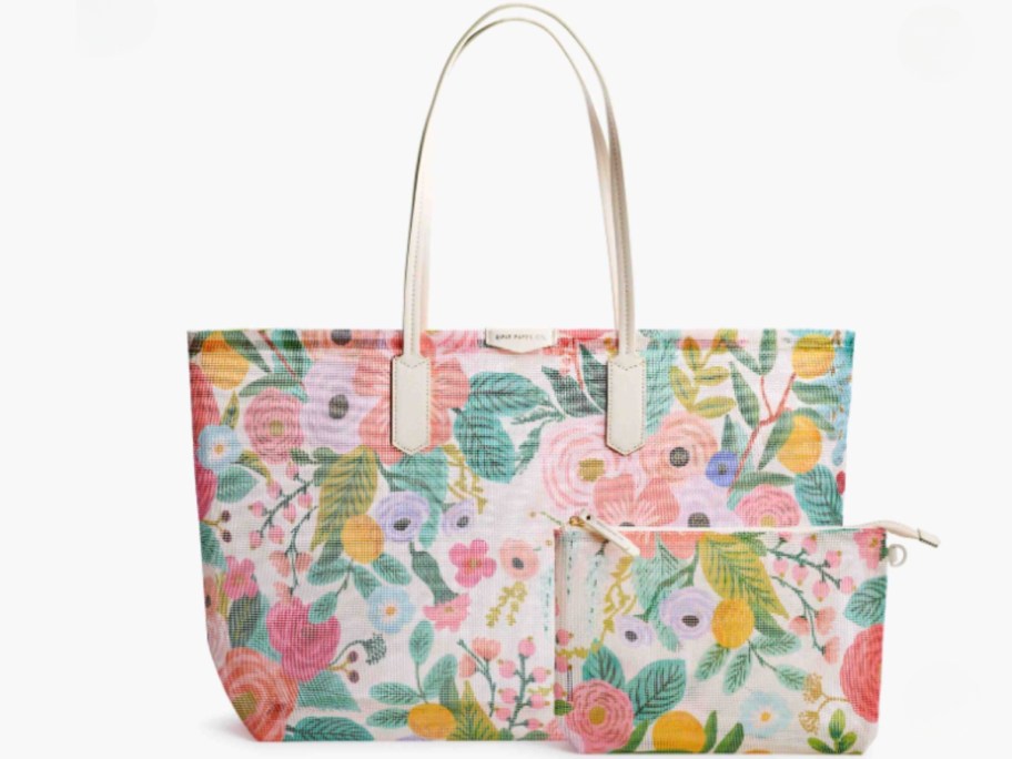 a large floral mesh tote bag with matching pouch