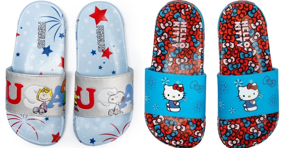 a pair of Peanuts Americana slides and a pair of Hello Kitty Americana slides