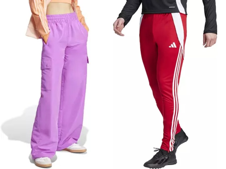 woman wearing purple adidas cargo pants and man wearing red adidas track pants