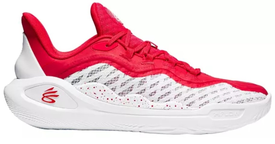 an Under Armour red and white men's basketball shoe