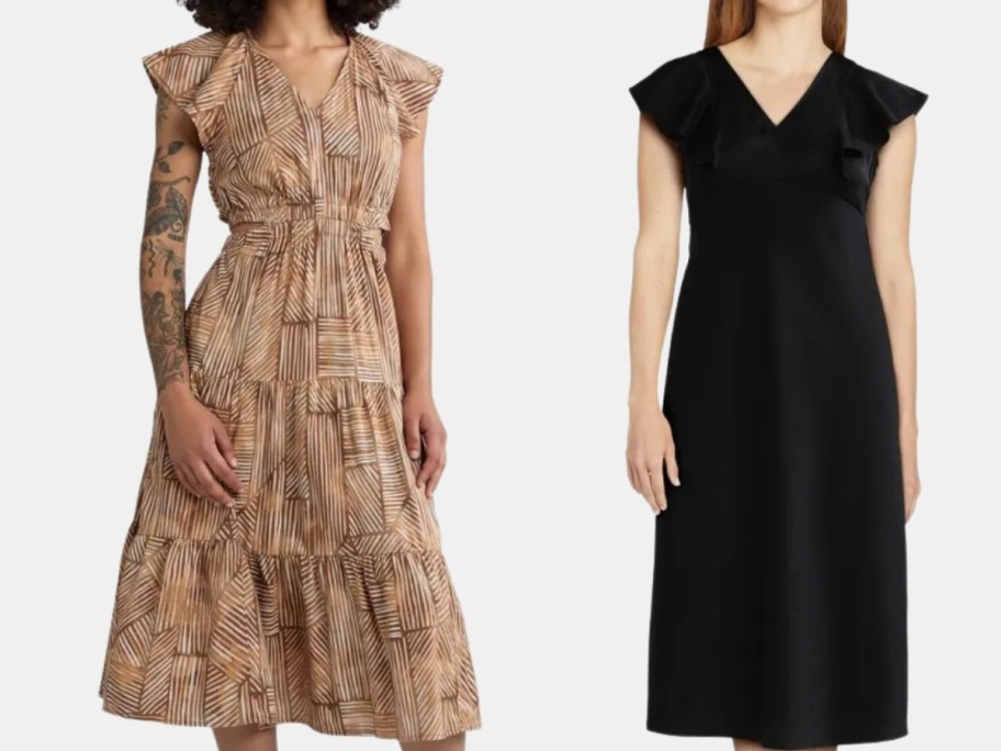woman wearing a brown floral ruffle dress and woman wearing a black dress