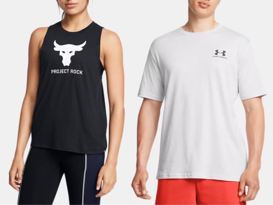 woman wearing a black Project Rock tank top and man wearing a white Under Armour tee