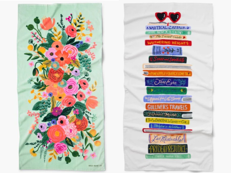 a floral beach towel and a beach towel with a book and sunglasses design
