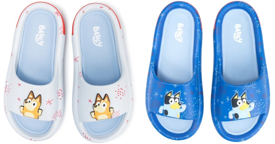 a pair of Bingo from Bluey Americana slides and a pair of Bluey Americana Slides