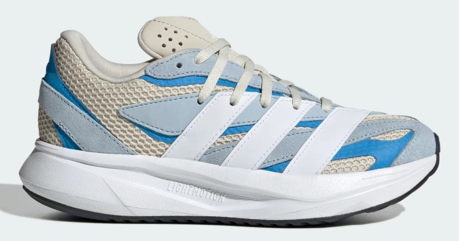 a white, tan, and blue kids adidas shoe