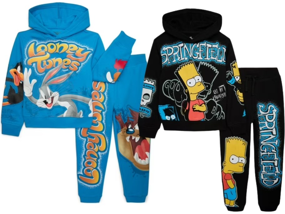 2 kids hoodie and jogger sets, one with Looney Tunes and one with Bart Simpson