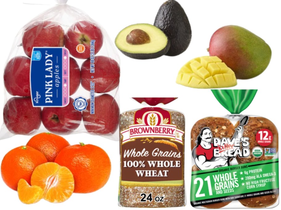 bag of apples, an Avocado, a Mango, several Mandarins, loaf of bread, and bag of Hamburger Buns