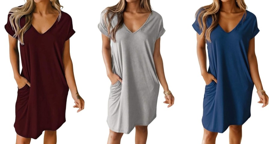 3 women wearing different color v-neck t-shirt dresses