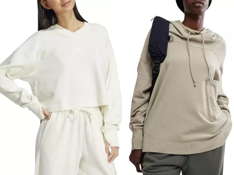 woman wearing an off white adidas hoodie and joggers and woman wearing a tan hoodie and black leggings