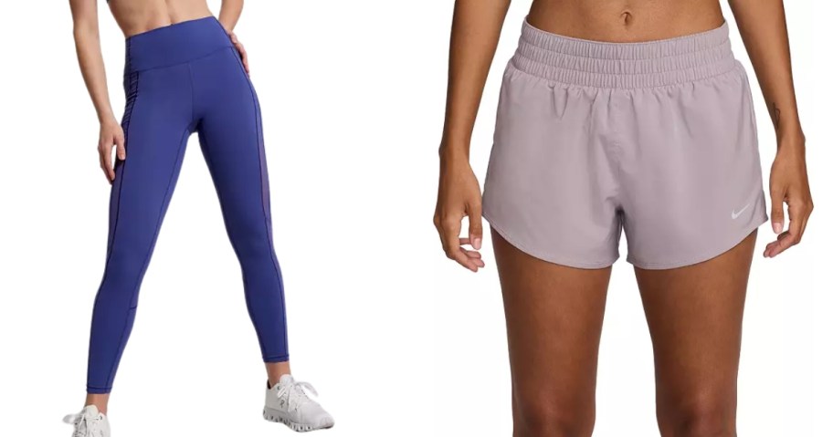 woman wearing blue leggings next to a woman wearing light purple Nike shorts