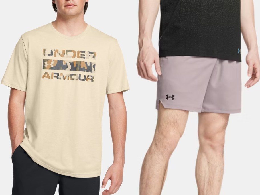 man wearing an off white and camo Under Armour tee and man wearing grey Under Armour shorts and a black tee