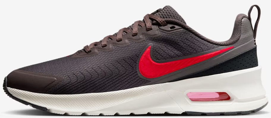 a men's Nike running shoe in black with red and white accents