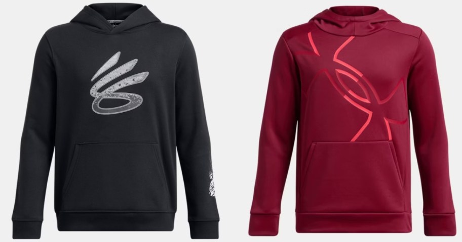 a black and a red boy's Under Armour hoodies