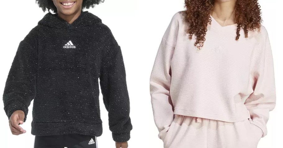 girl wearing a black adidas hoodie and woman wearing a pink adidas hoodie and shorts