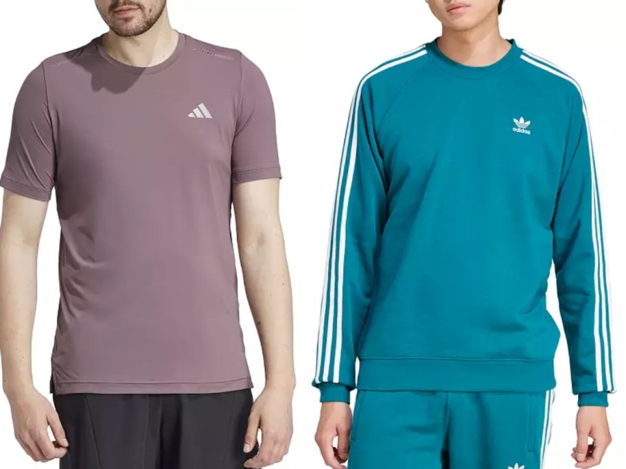 man wearing a purple adidas tshirt and man wearing a teal adidas sweatshirt