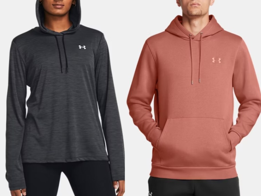 woman and man wearing different color Under Armour hoodies