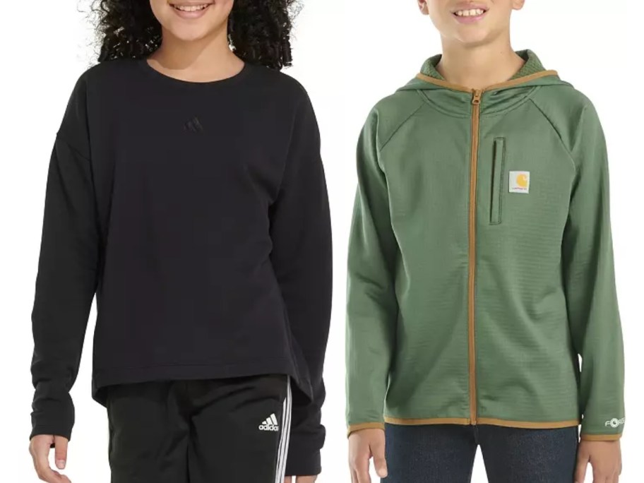 girl wearing a black adidas shirt and pants and boy wearing a green zip up Carhart hoodie and jeans