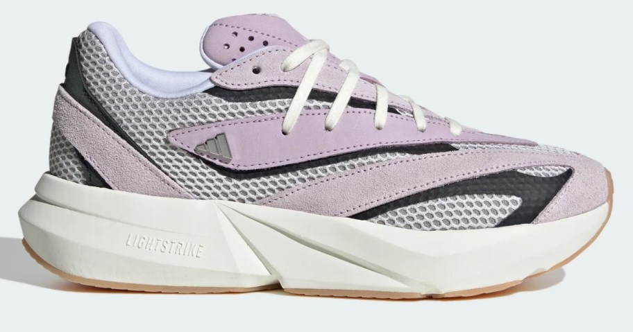 a light purple, black, grey, and white women's adidas shoe