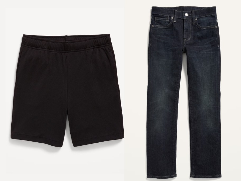 a pair of boys black shorts and a pair of boy's jeans