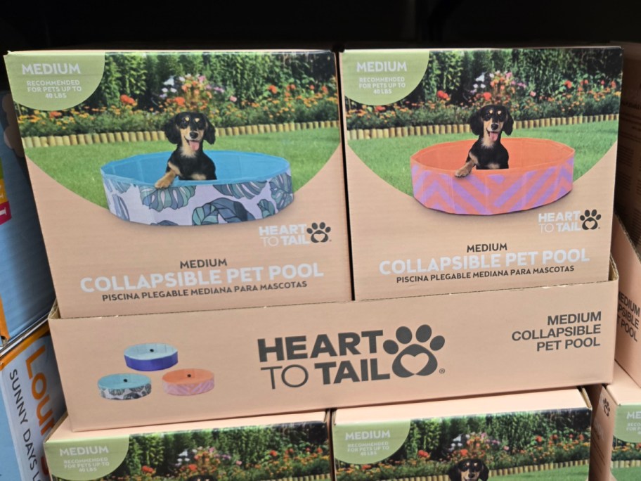two pet pools in blue and pink displayed in their box on an ALDI self